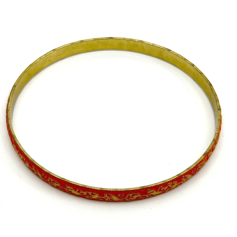 Vintage Gold Tone Orange‎ Enamel Bangle Bracelet Etched Floral Boho Stacking 8"